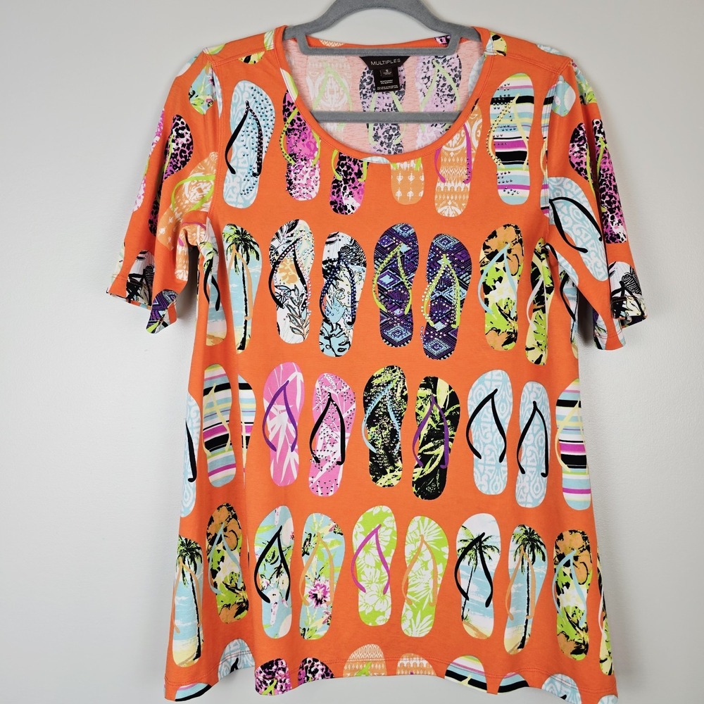 Multiples Top Shirt Womens Small‎ Orange Flip Flop Embellished Cruise Tunic.D79